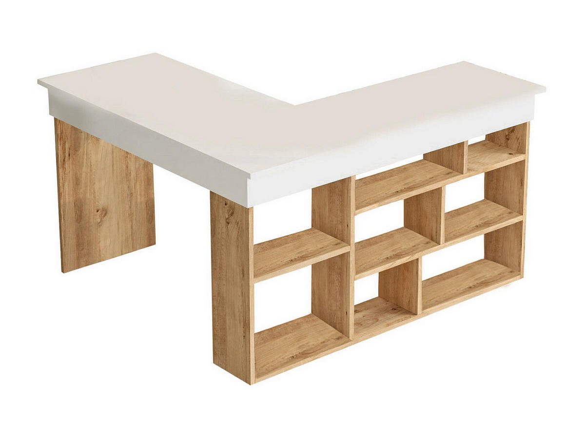 ECKSCHREIBTISCH mit Stauraum - Weiß & Naturfarben - LILEUL - Naturfarben, Holz (120/129/72cm) - Vente-Unique