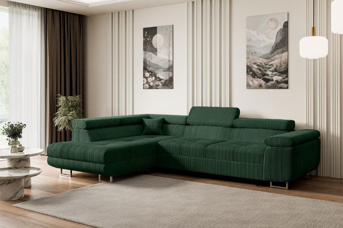 ECKSOFA mit Schlaffunktion und Bettkasten GUSA-L 272x202x107 cm Grün Cord - Silberfarben/Grün, Holzwerkstoff/Textil (202/272cm) - ALTDECOR