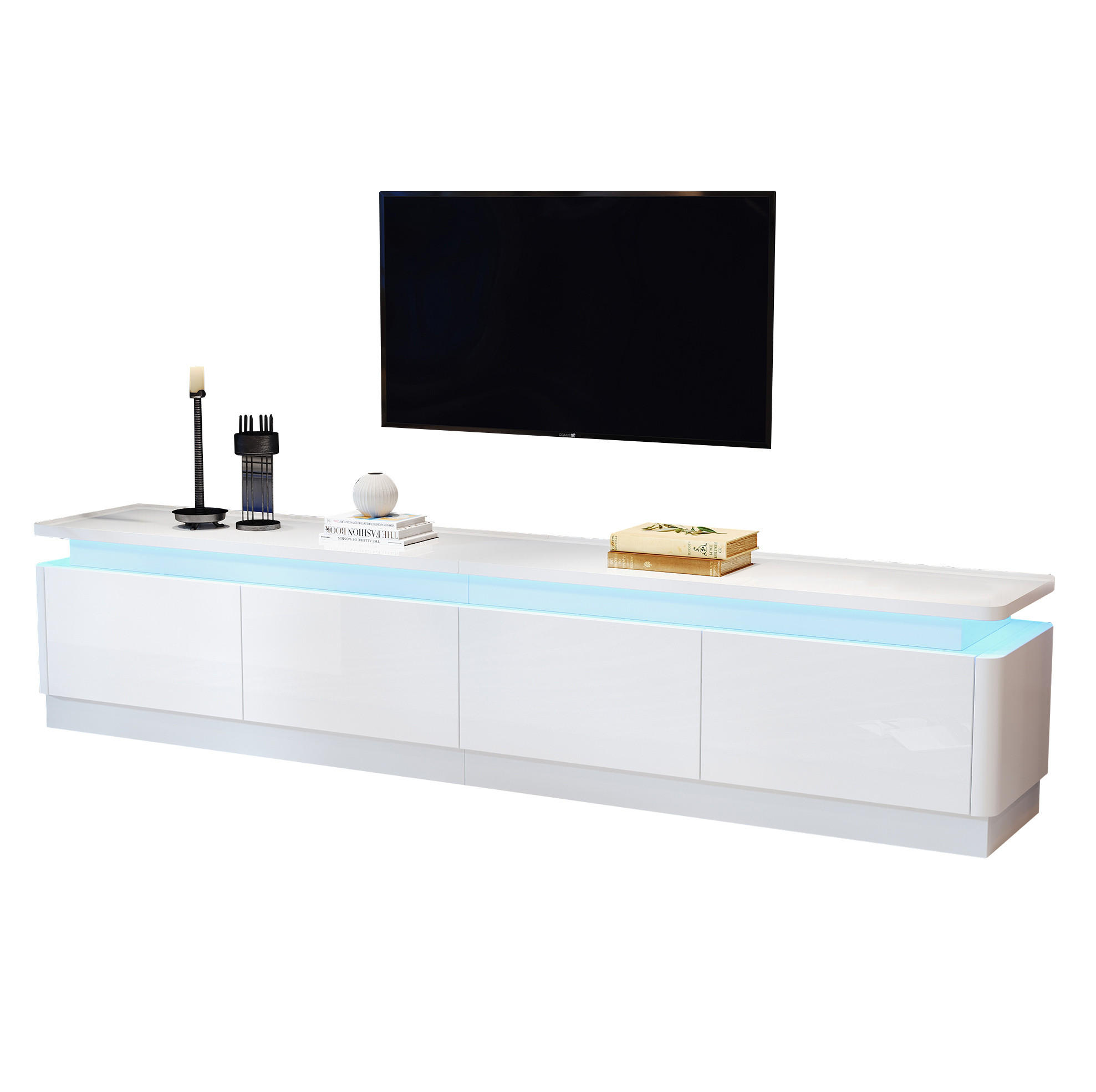 TV-LOWBOARD aus Spanplatte 180x34x40 cm Weiß mit LED-Beleuchtung, 4 Schubladen und Hochglanzfront - Weiß, Holzwerkstoff (180/40/34cm) - Modfu