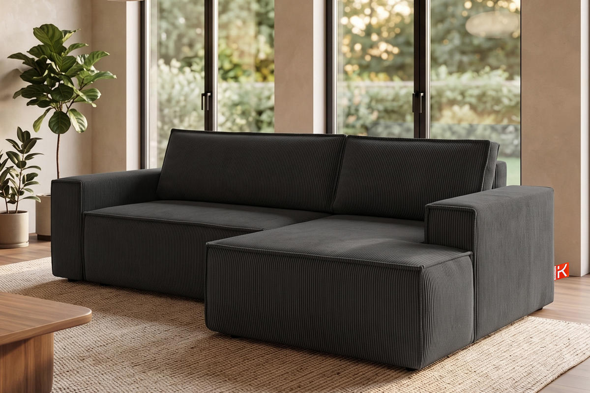 ECKSCHLAFSOFA-RECHTS NAPI in Pet Friendly Cord-Stoff, dunkelgrau - Dunkelgrau/Schwarz, Textil (262/148cm) - KONSIMO®