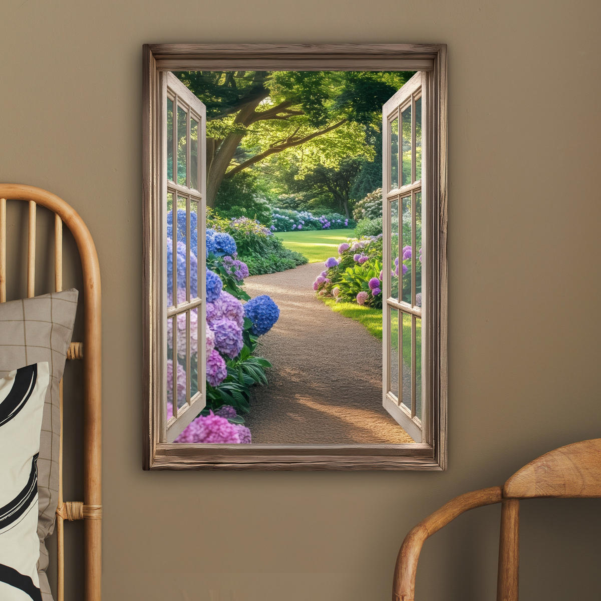 LEINWANDBILD Aussicht - Garten - Fenster - Hortensie - Blumen 60x80 cm - Pastellblau, Textil (60/80cm) - MuchoWow