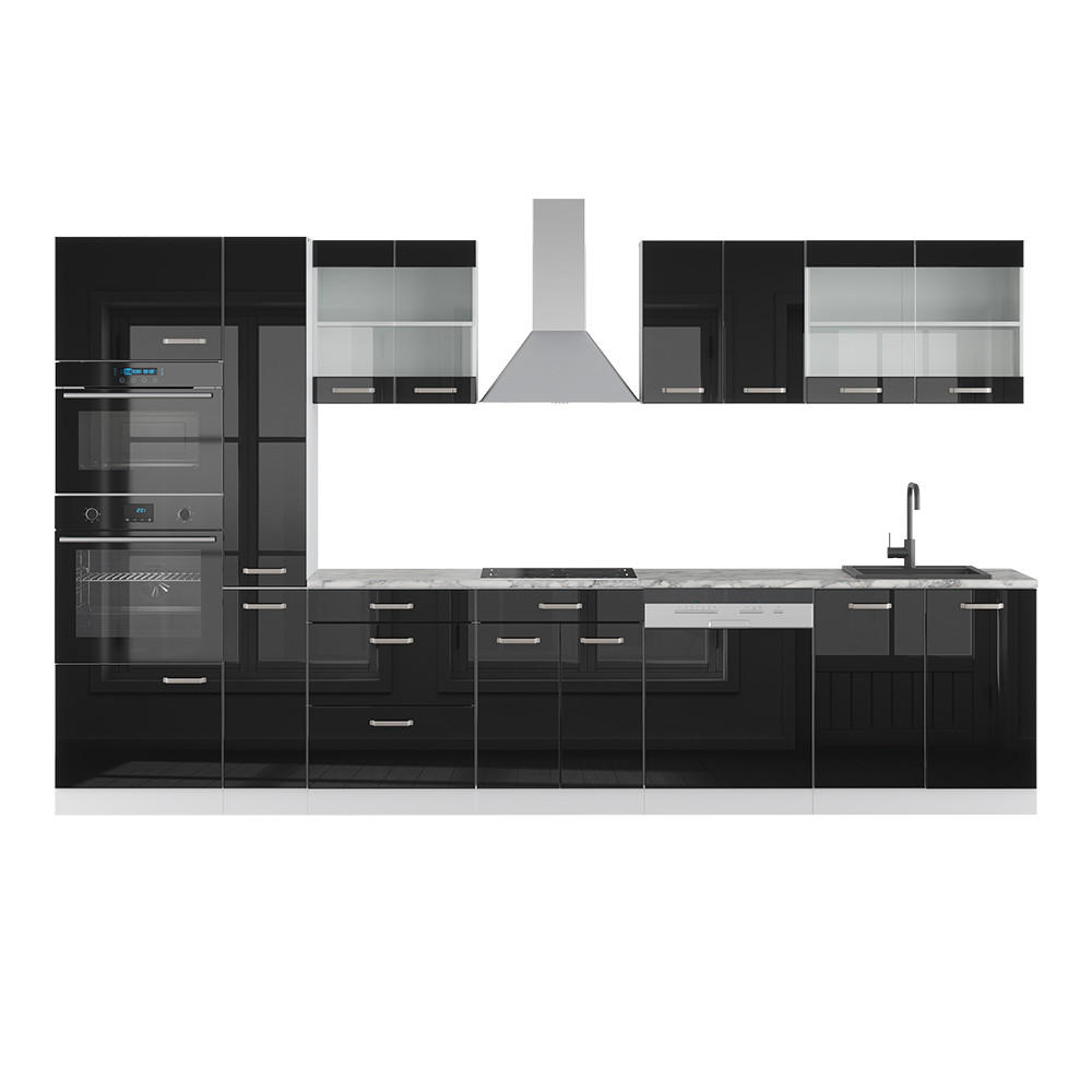 KÜCHENZEILE R-Line Schwarz Hochglanz/Weiß 350 cm mit Hochschrank ohne AP - Schwarz Hochglanz/Weiß, Holzwerkstoff (350/81.6/46cm) - Vicco