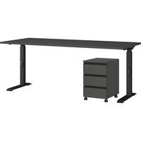 BÜROMÖBEL Set 2-teilig | Schreibtisch 180x80cm & Rollcontainer Graphit | Einstellbar 68-91 cm & Soft-Close - Schwarz, Holzwerkstoff/Metall (80/235/91cm) - KADIMA DESIGN