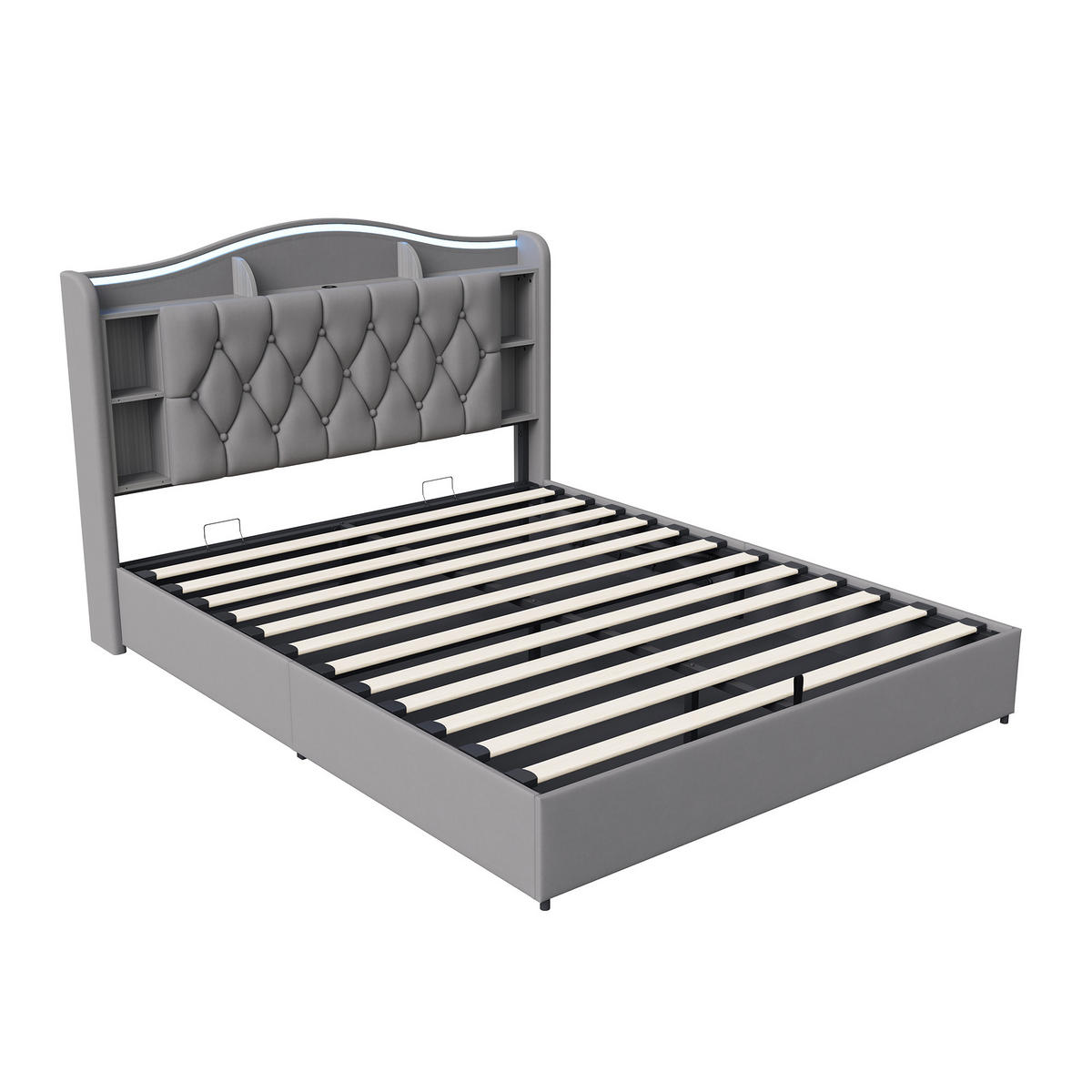 POLSTERBETT 140/190 cm mit Stauraum-Bettkasten, Ablagekopfteil mit Seitenfächern, mehrfarbigem LED-Licht & USB-Anschluss, grauer Stoffbezug - Grau, Holz/Metall (140/190cm) - Joyfair
