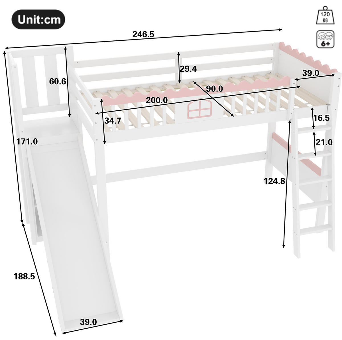 HOCHBETT 90/200 cm in Weiß – mit Rutsche, Regalen und LED-Licht - Weiß, Holz (90/200cm) - BEAOK