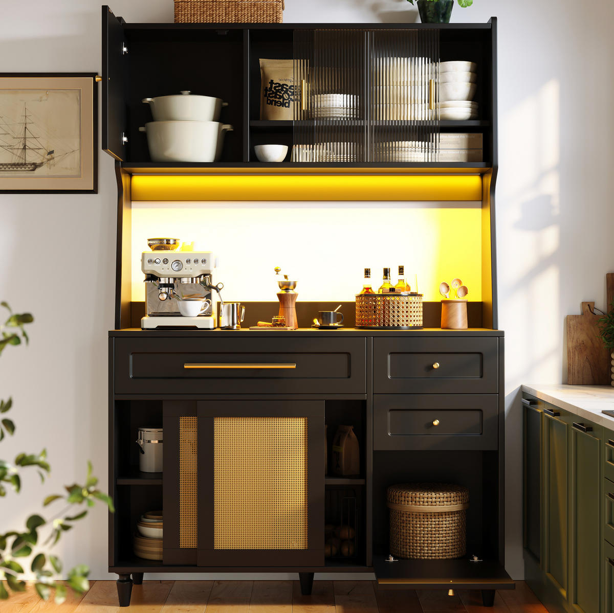 ANRICHTE Hochschrank 120/45/195,5 cm aus MDF und Holzwerkstoff mit LED-Beleuchtung Schwarz - Schwarz, Holzwerkstoff (120/195.5/45cm) - Modenvie