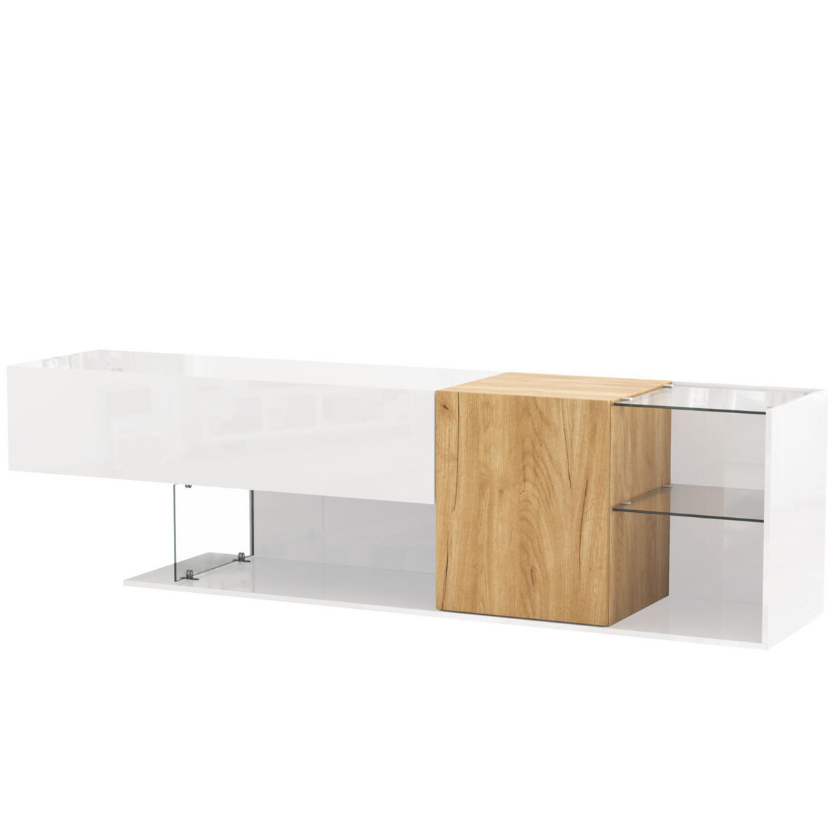 TV komoda z dřevotřísky 180x38x48 cm bílá/přírodní s částečným vysokým leskem, skleněnými policemi a úložným prostorem - bílá, kompozitní dřevo (180/48/38cm) - Modfu