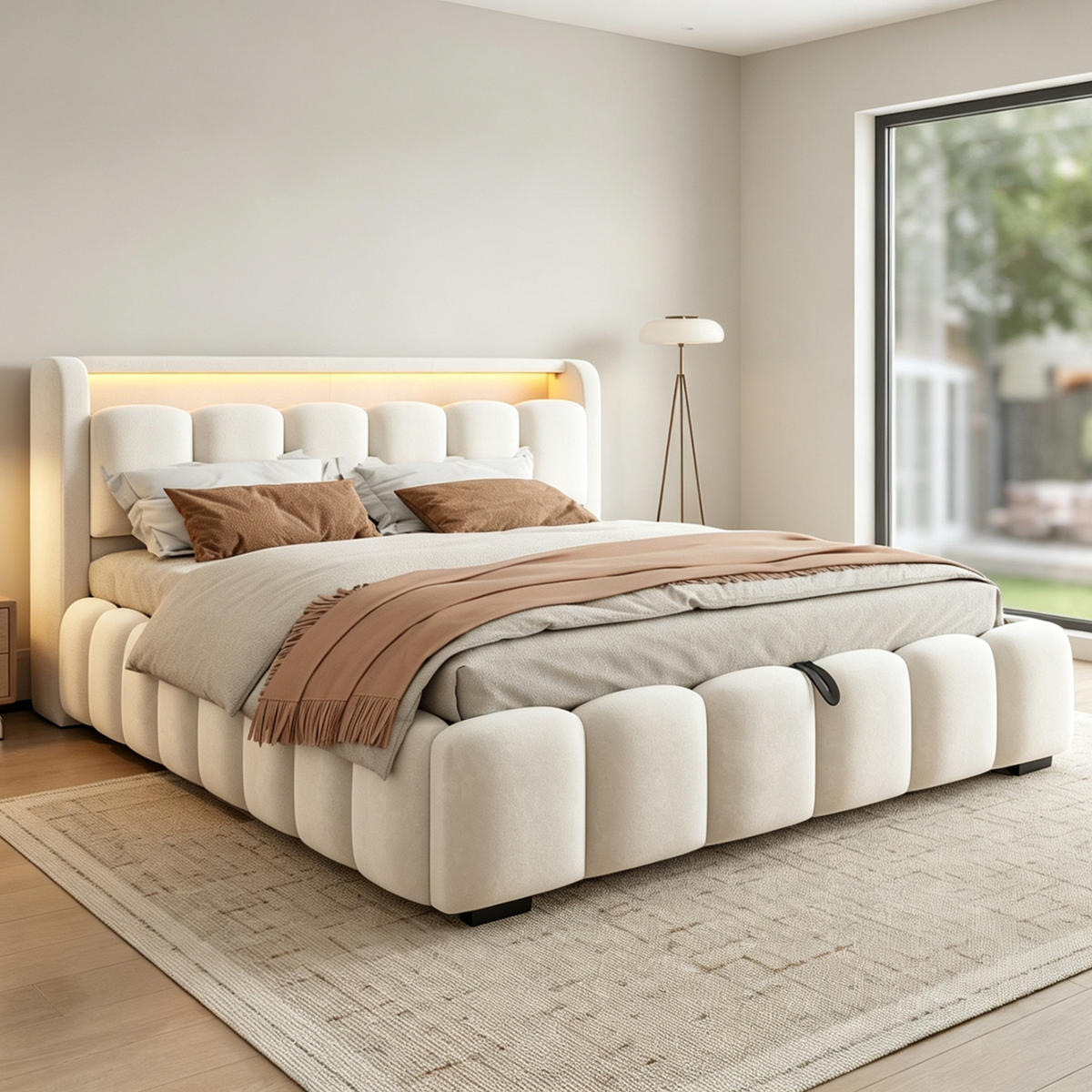 BOXBETT 180/200 mit LED/USB-C, Samt, Beige - Beige, Holz (180/200cm) - LVHOM