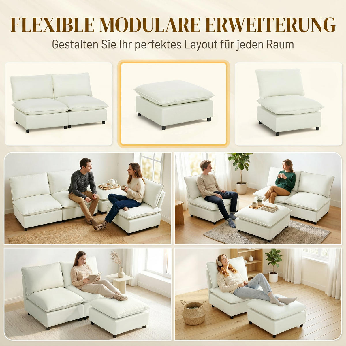 FUSSHOCKER Polyester Cremeweiß - Creme/Schwarz, Holzwerkstoff/Kunststoff (75/40/75cm) - HOMCOM