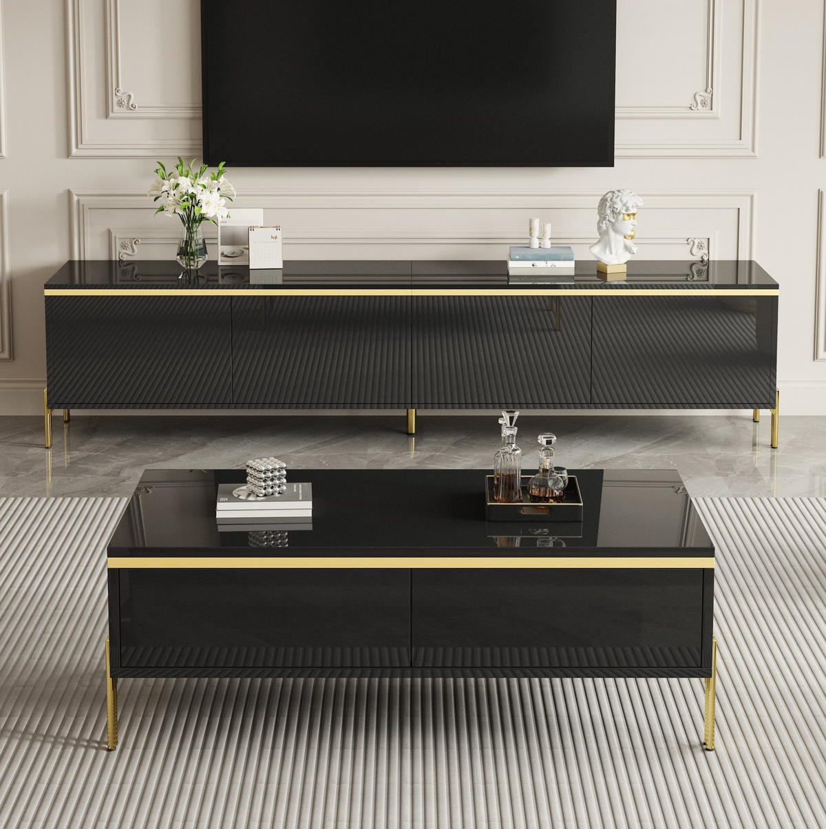 LOWBOARD TV-Möbel- und Couchtisch-Set 170/38/50 + 100/50/36 cm aus Spanplatte mit Hochglanzoberfläche Schwarz - Schwarz, Holzwerkstoff (170/50/38cm) - Modenvie