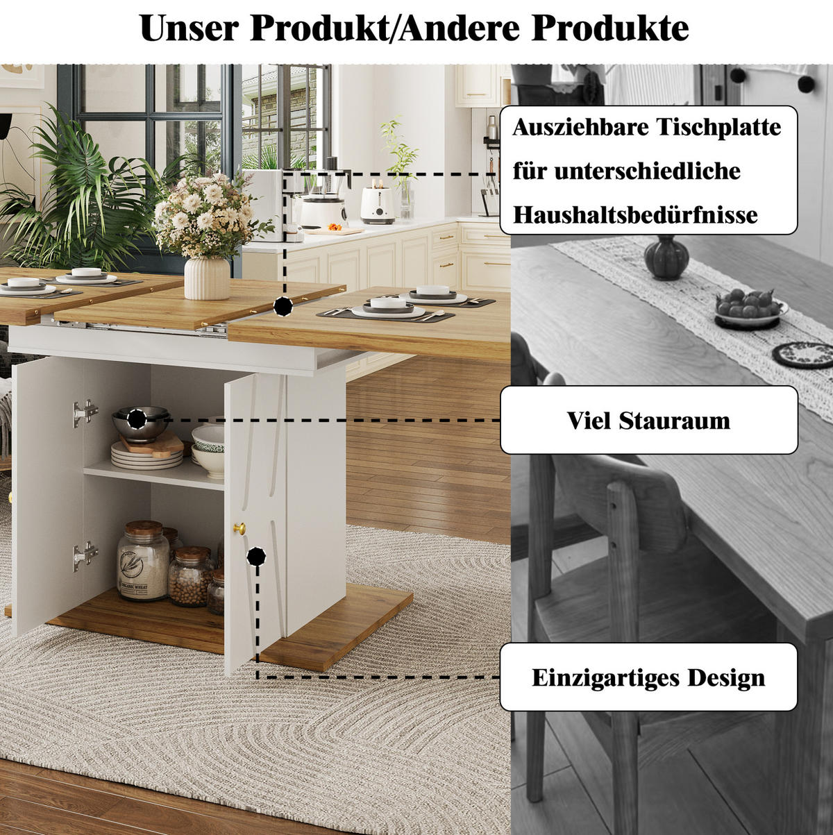 ESSTISCH aus MDF und Metall 110x70x76,5 cm Weiß mit Ausziehfunktion und integriertem Stauraum - Weiß, Holzwerkstoff (110/70/76.5cm) - Modfu