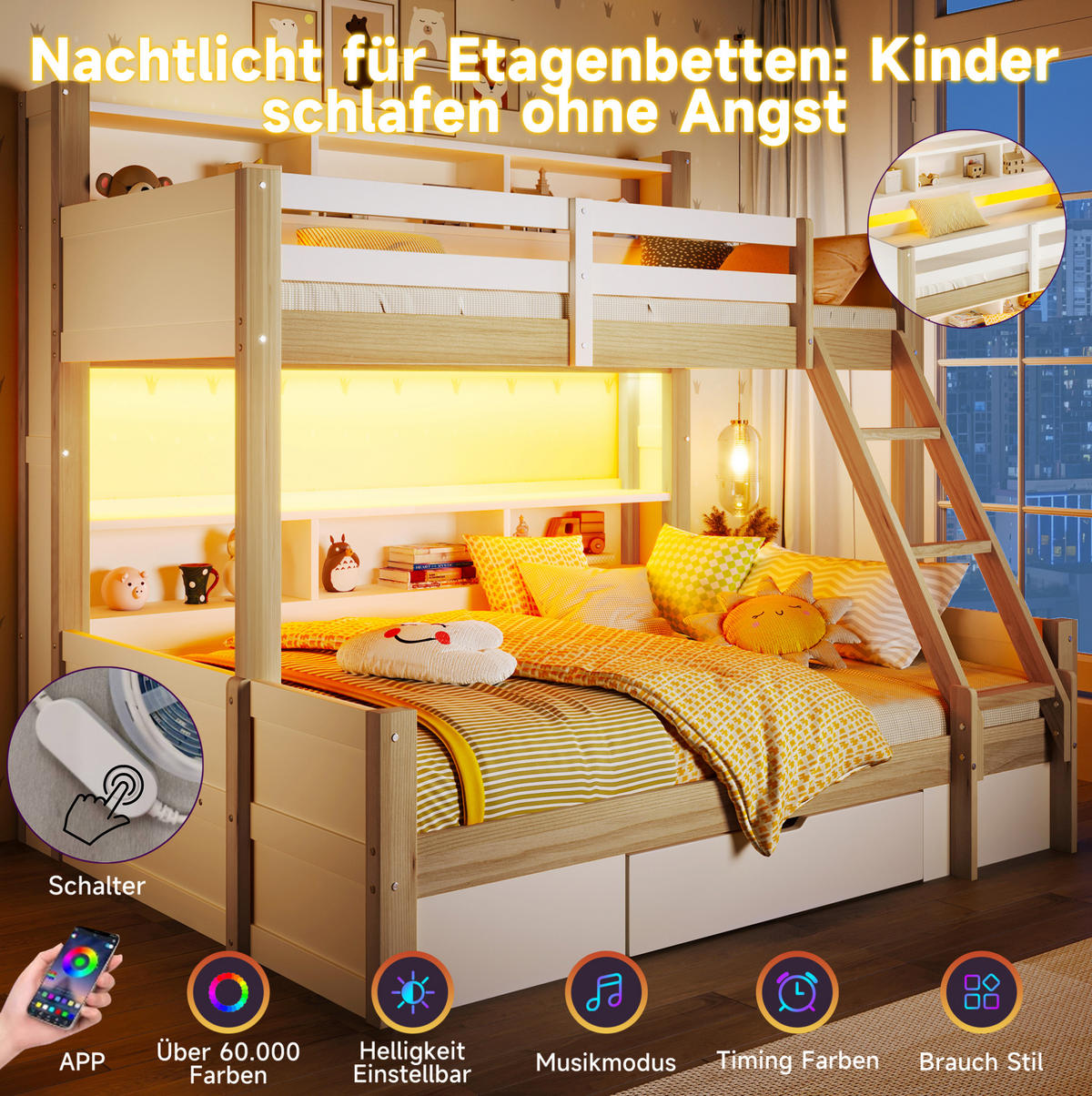ETAGENBETT 90/200 & 140/200 cm aus Kiefernholz mit LED-Beleuchtung und Stauraum Weiß/Natur - Weiß, Holz (90/200cm) - Modenvie