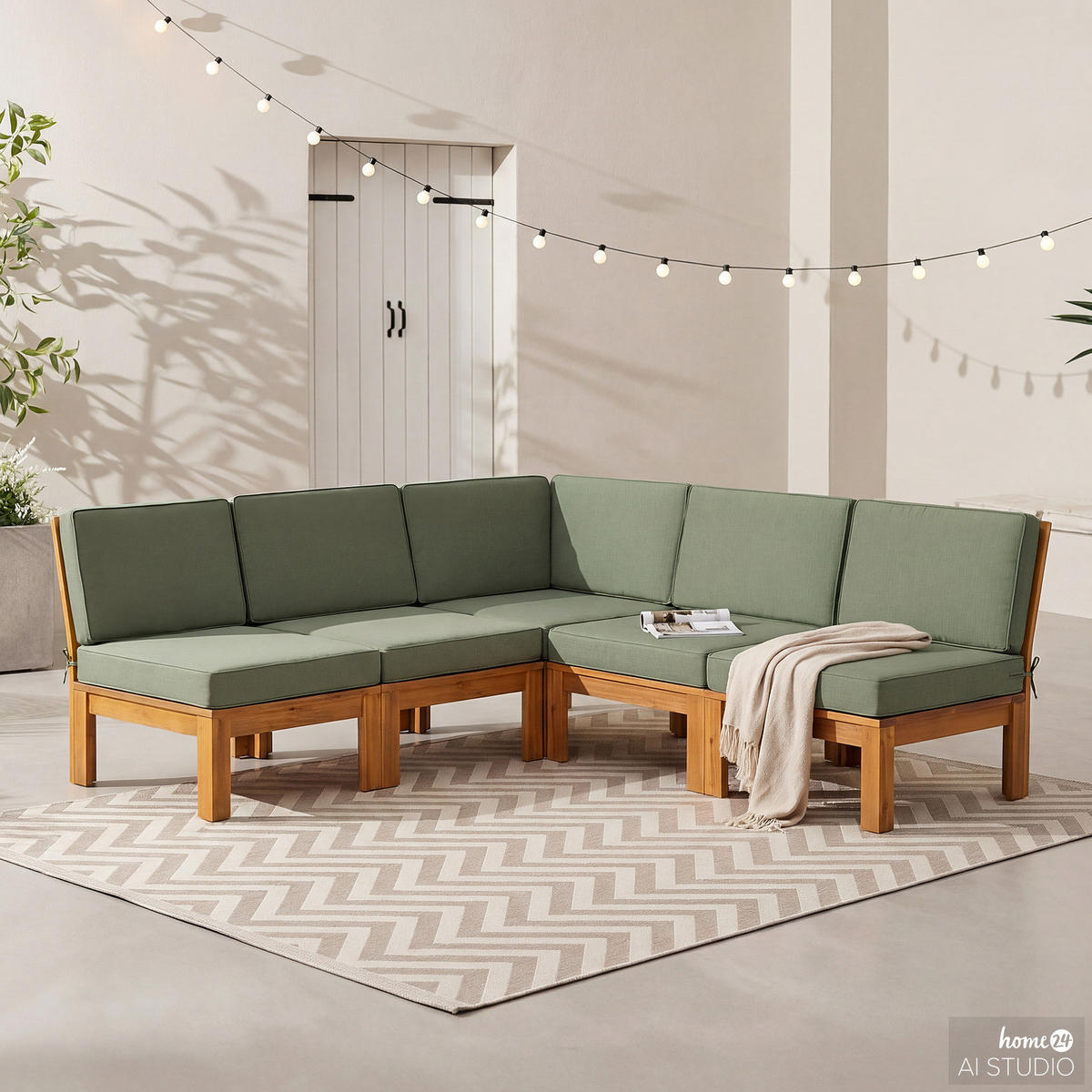 LOUNGESESSEL - Webstoff / Akazie massiv - Olivgrün, Holz/Textil (60/73/71cm) - home24