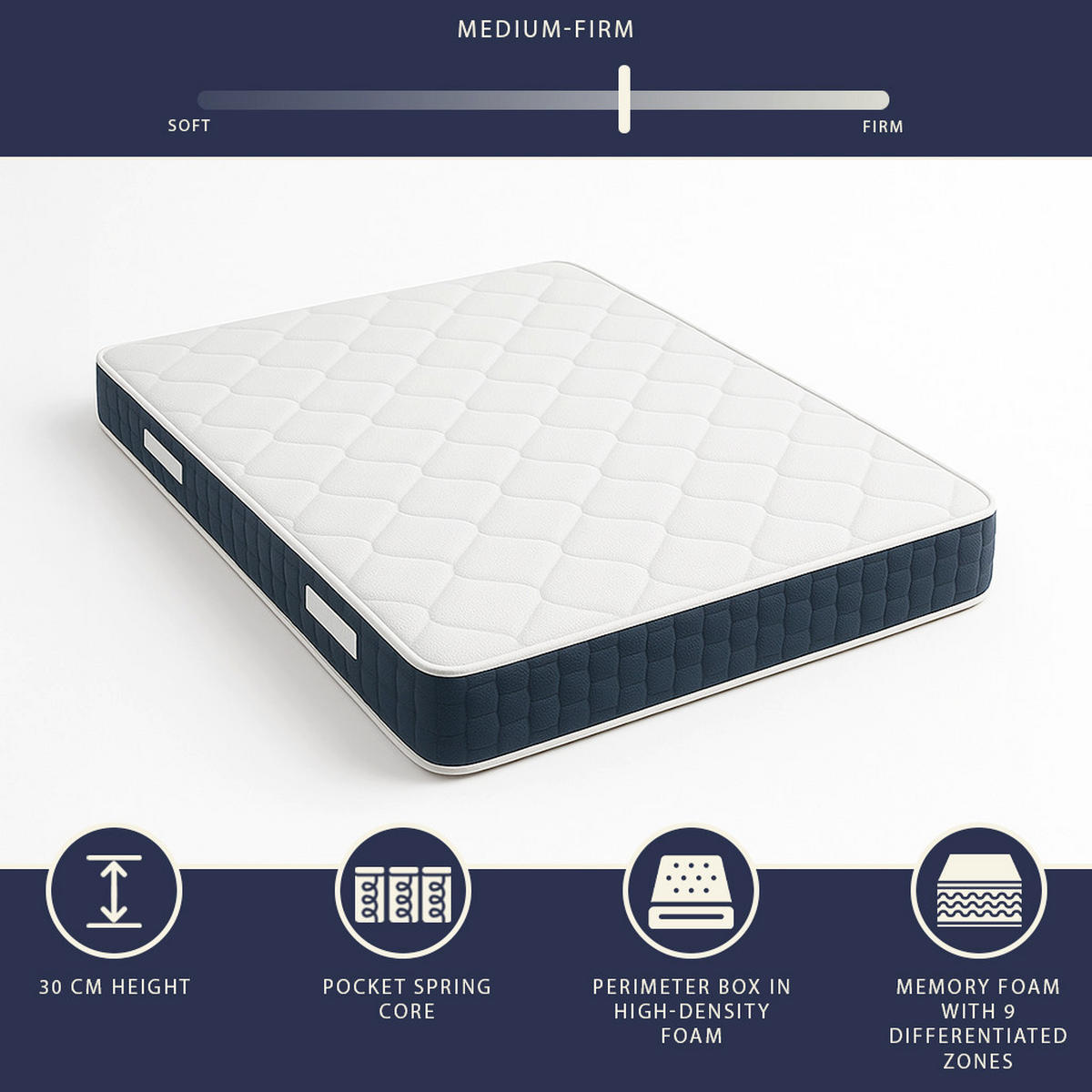 MATRATZE Taschenfederkern Memory 30 cm 90x200 - Weiß, Textil (90/200cm) - The White Stone