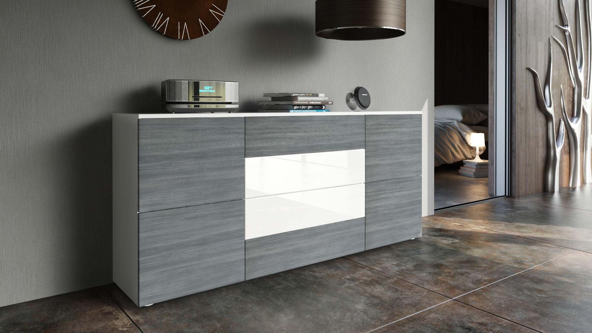 SIDEBOARD Rova Avola-Anthrazit / Weiß Hochglanz - Anthrazit, Holzwerkstoff (166/72/35cm) - Vladon
