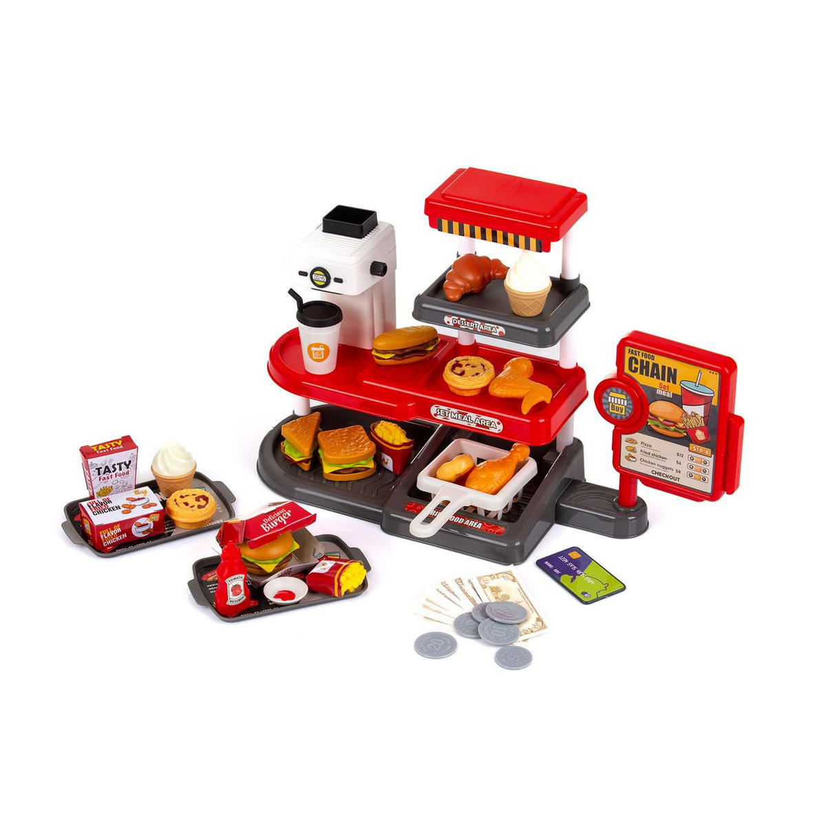 KAUFLADEN Schnellrestaurant 71-teilig rot Schnellrestaurant, Burger, Pommes, Getränkeautomat, Tabletts - Rot, Kunststoff (15/26/40cm) - Chipolino