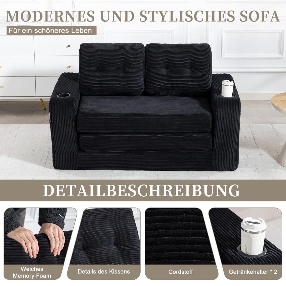 SCHLAFSOFA in Schwarz Cord mit Getränkehalter und Seitentaschen - Schwarz, Textil (136/82.5/80cm) - Oxeza