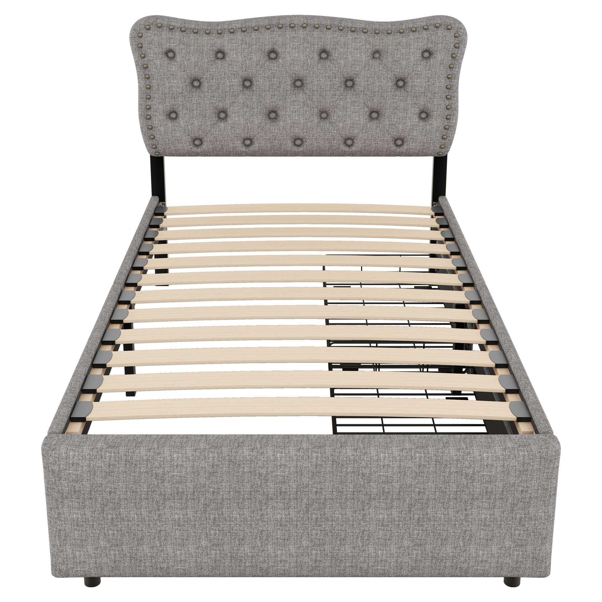 POLSTERBETT 90/200 cm Grau, mit dekorativen Nieten und 2 Schubladen - Grau, Textil