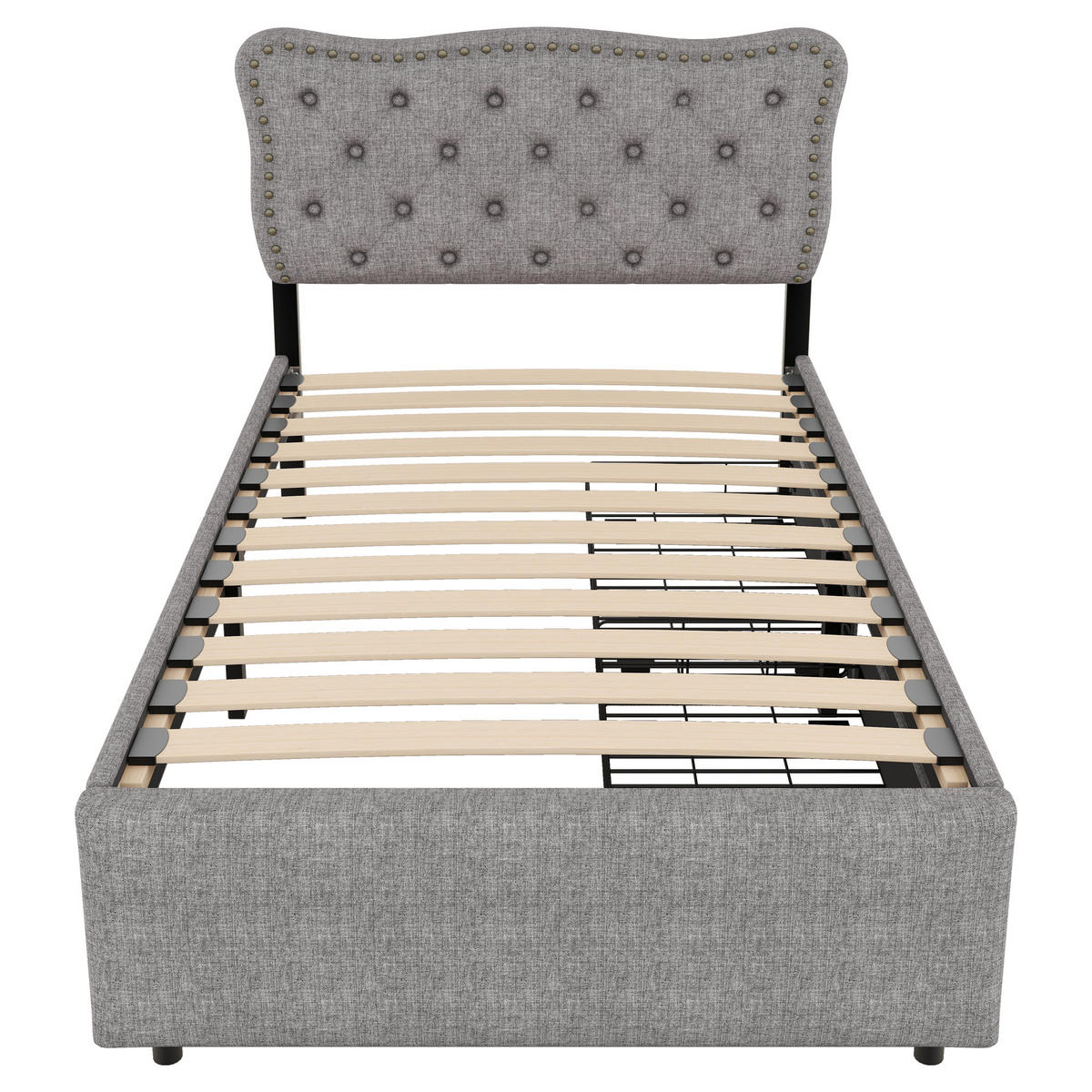 POLSTERBETT 90/200 cm grau mit Aufbewahrung und verstellbarem Nachttisch - Grau, Textil (90/200cm) - OKWISH