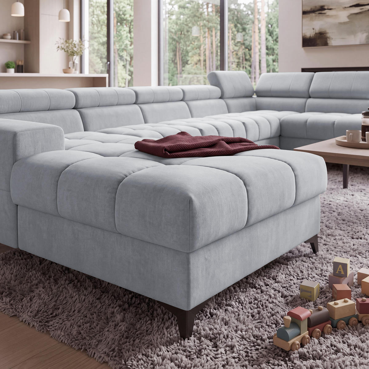 ECKSOFA PUDDING MAXI U Rechts mit Schlaffunktion 125x330 Velours Hellgrau - Hellgrau/Schwarz, Holz/Textil (421/203cm) - Muffo