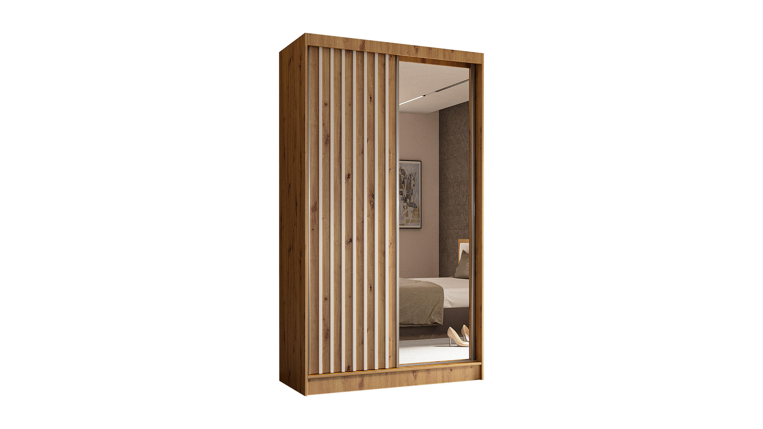 KLEIDERSCHRANK mit Spiegel-Schiebetüren und Aluminium-Leisten - LAMELO - 120 cm Artisan+Artisan+Weiß - Eiche Artisan/Weiß, Holzwerkstoff (120/216/61cm) - ALTDECOR