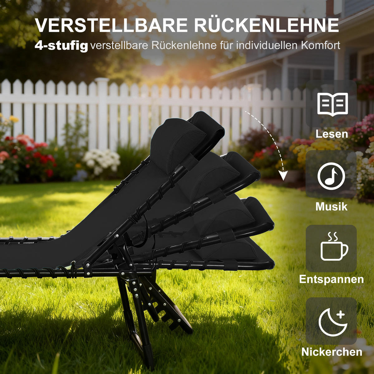 GARTENLIEGE 4-stufige Rückenlehne verstellbar Stahl Mesh-Stoff Schwarz 197 x 58 x 30 cm - Schwarz, Kunststoff/Metall (58/30/189cm) - Outsunny