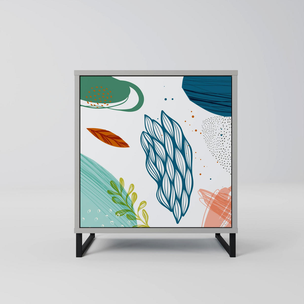 SIDEBOARD BOTANICAL HURRICANE, Grau, 57,5x42x70,5 cm, Schwarze Metall-Sternfüße - Multicolor/Schwarz, Holzwerkstoff/Metall (57.5/70.5/42cm) - SpaceRebels
