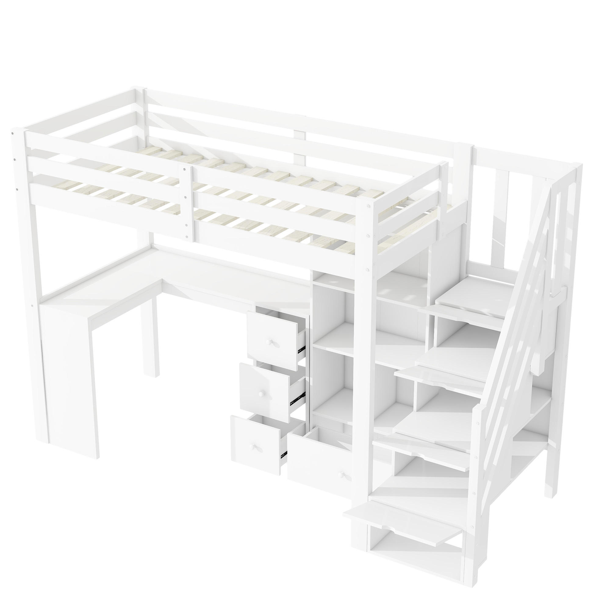 HOCHBETT 90/200 cm DE-04475, mit Schreibtisch, Schubladen und verstaubarer Leiter in Weiß - Weiß, Holz/Holzwerkstoff (90/200cm) - ComfortXL