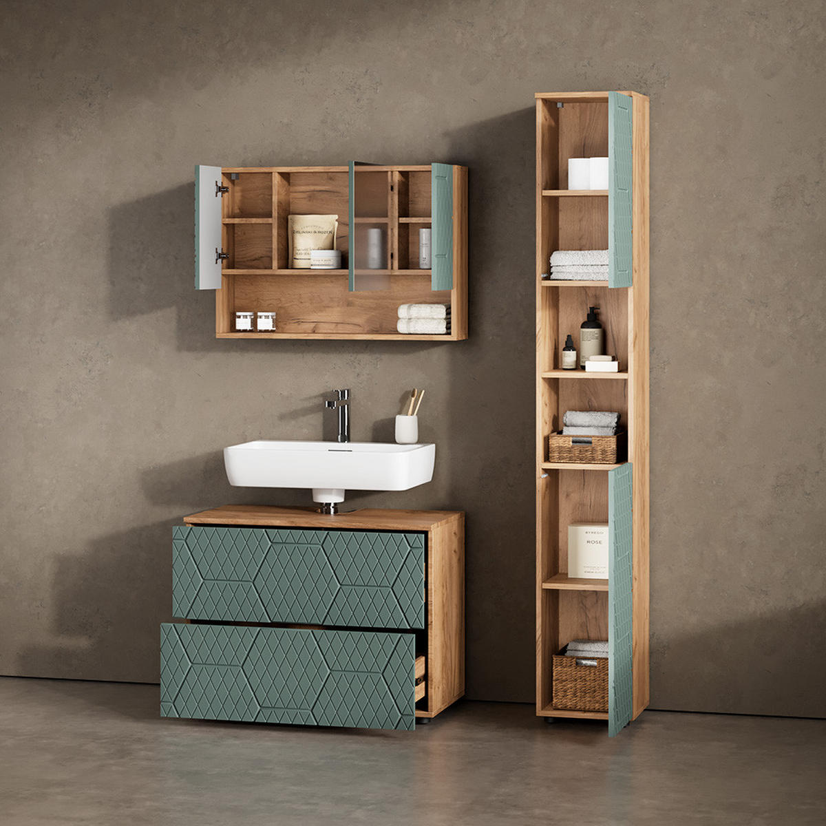 BADMÖBEL-SET Ronco Grün/Goldkraft Eiche 2 Teile, Unterschrank 80 cm - Eiche Wotan/Grün, Holzwerkstoff (80/58/41cm) - Livinity®