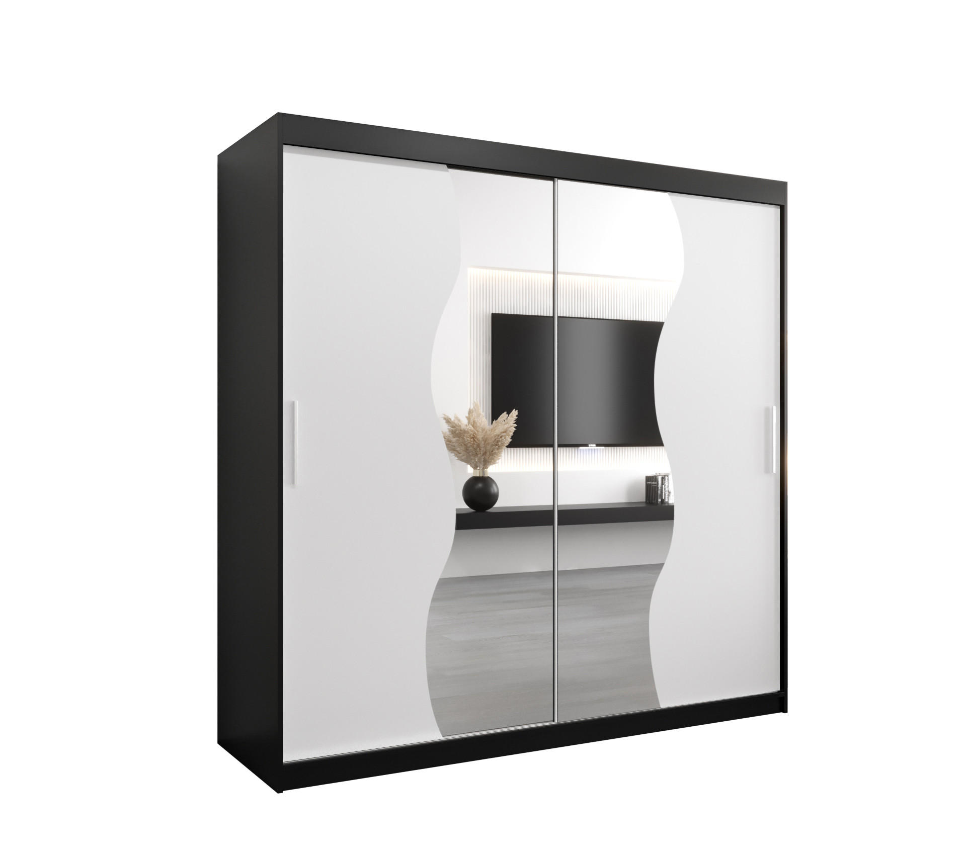 Möbel Kryspol Schwebetürenschrank Schwarz, Weiß 200x200x62 cm