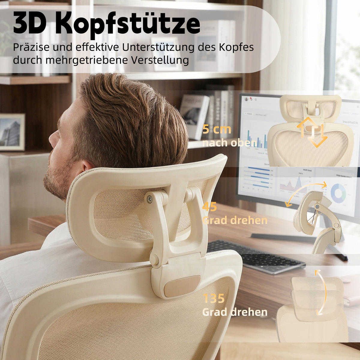 DREHSTUHL DE-40937 mit klappbarer Rückenlehne und 3D-Kopfstütze Creme - Creme, Metall (62/129/48.5cm) - ComfortXL