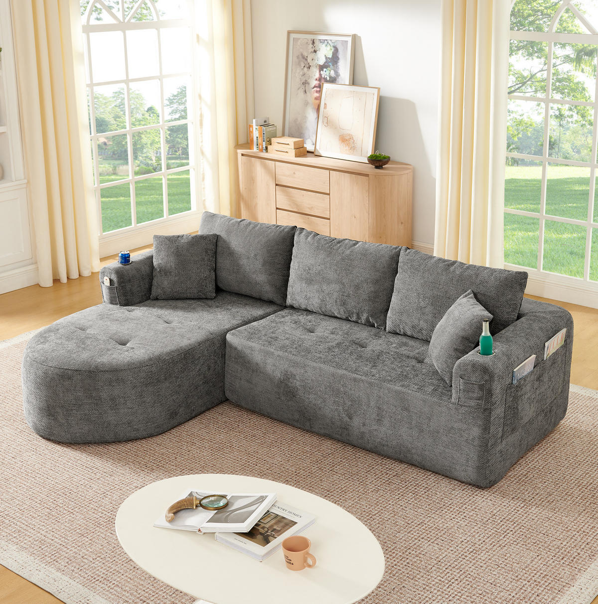 ECKSOFA L-Form montagefrei mit Edelstahl-Becherhalter, Seitentaschen und Leinenoptik, Grau - Grau, Textil (255/170cm) - Redom
