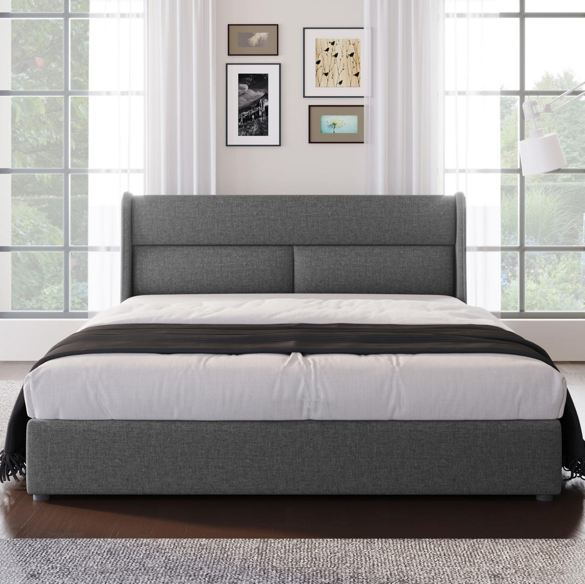 BETT mit Stauraum und Kopfteilverstellung 140x200 cm Leinen Grau - Grau, Metall (140/200cm) - Meubliv