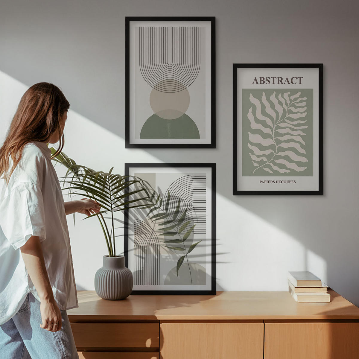 BILDER SET 3er Set - 40x60 cm Schwarzer Rahmen - Botanische Boho-Abstraktionen - Schwarz, Kunststoff (40/60cm) - TULUP