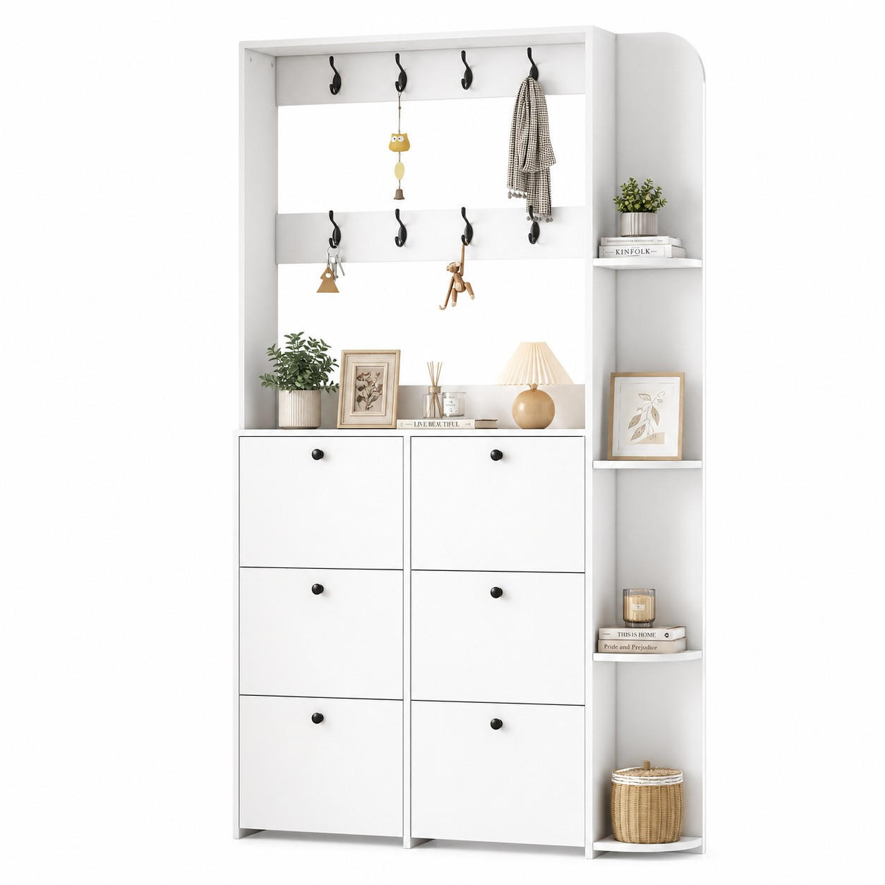 SCHUHSCHRANK in Weiß Schuhkommode mit Schuhkipper, 8 Haken, 5 Ablagen & Klapptür, Flur/Eingangsbereich, B120/T24/H200cm - Weiß, Holzwerkstoff (120/200/24cm) - STILVORA