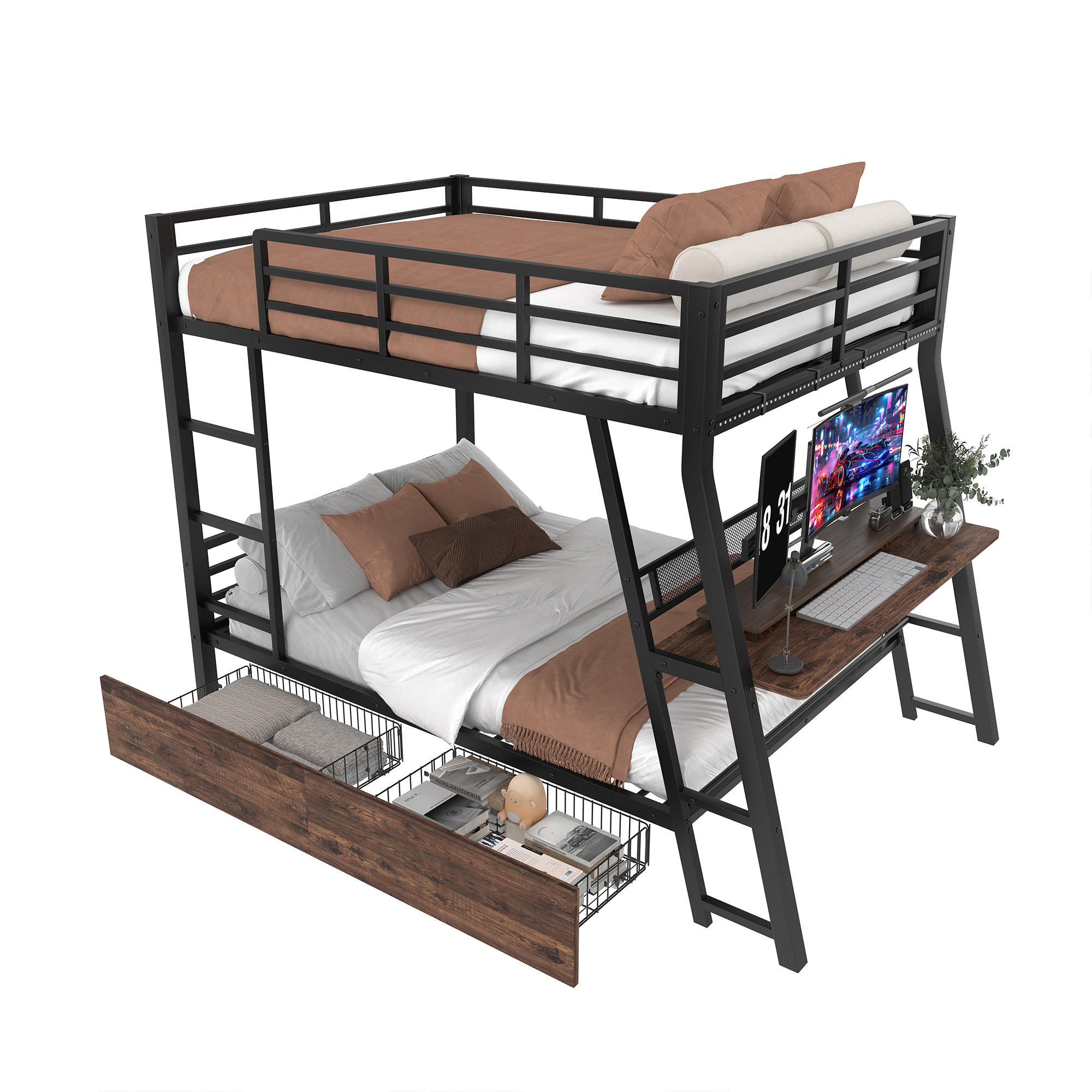 HOCHBETT 140x200cm Schwarz Metall LED-Leiste Schubladen Schreibtisch - Schwarz, Metall (140/200cm) - FLIEKS