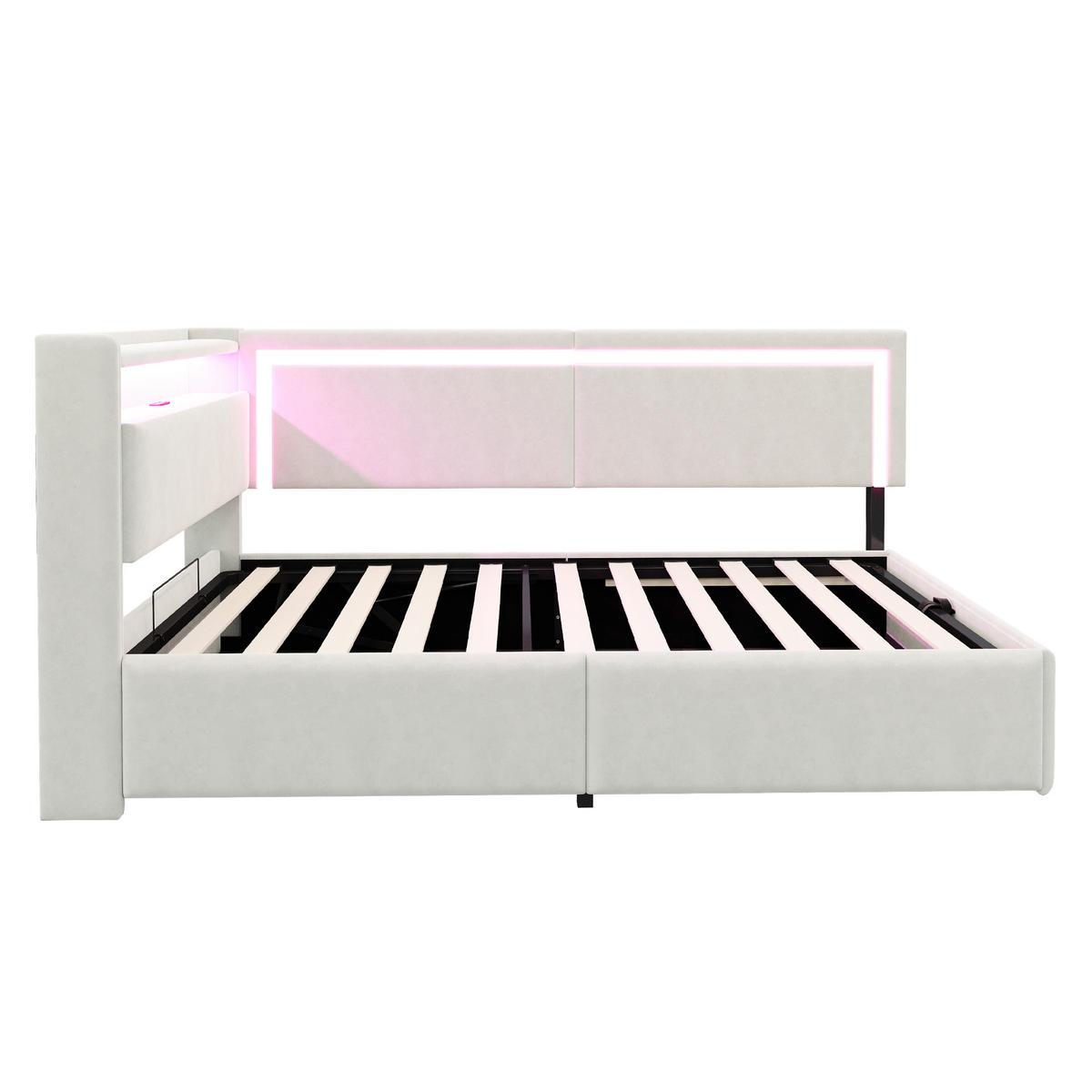 POLSTERBETT 90/200 cm beige aus Samt mit LED und USB und Stauraum - Beige, Textil (90/200cm) - OKWISH