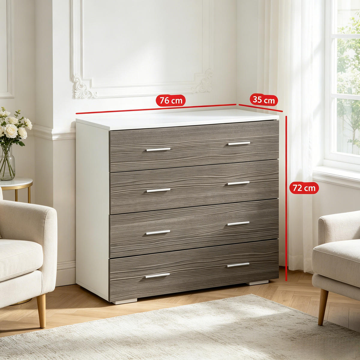 KOMMODE in Grau und Weiß 76x35x72 cm mit 4 Schubladen - Grau, Holzwerkstoff (35/72/76cm) - IVMEU