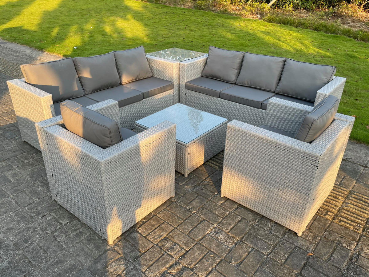 GARTENSOFA SET mit Couchtisch Polyrattan Helles Grau 8-Sitzer - Hellgrau, Metall - Fimous
