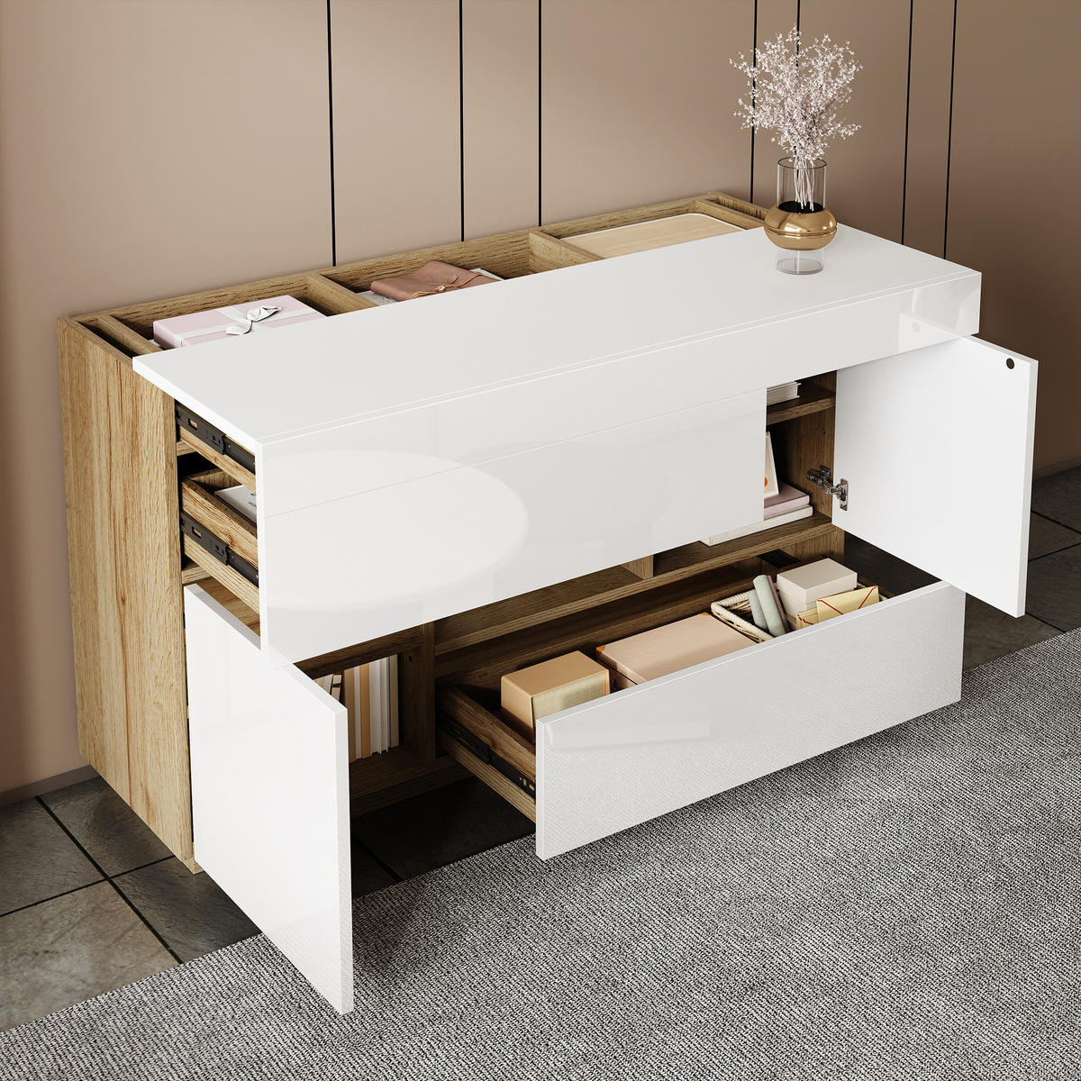 SIDEBOARD mit 2 Schubladen, Türen und offenem Fach, Hochglanz mit Holzoptik, integrierter 16-Farben-LED-Streifen, Spanplatte, 120/37/76,5 cm, Weiß - Weiß, Holzwerkstoff (120/37/76.5cm) - Redom