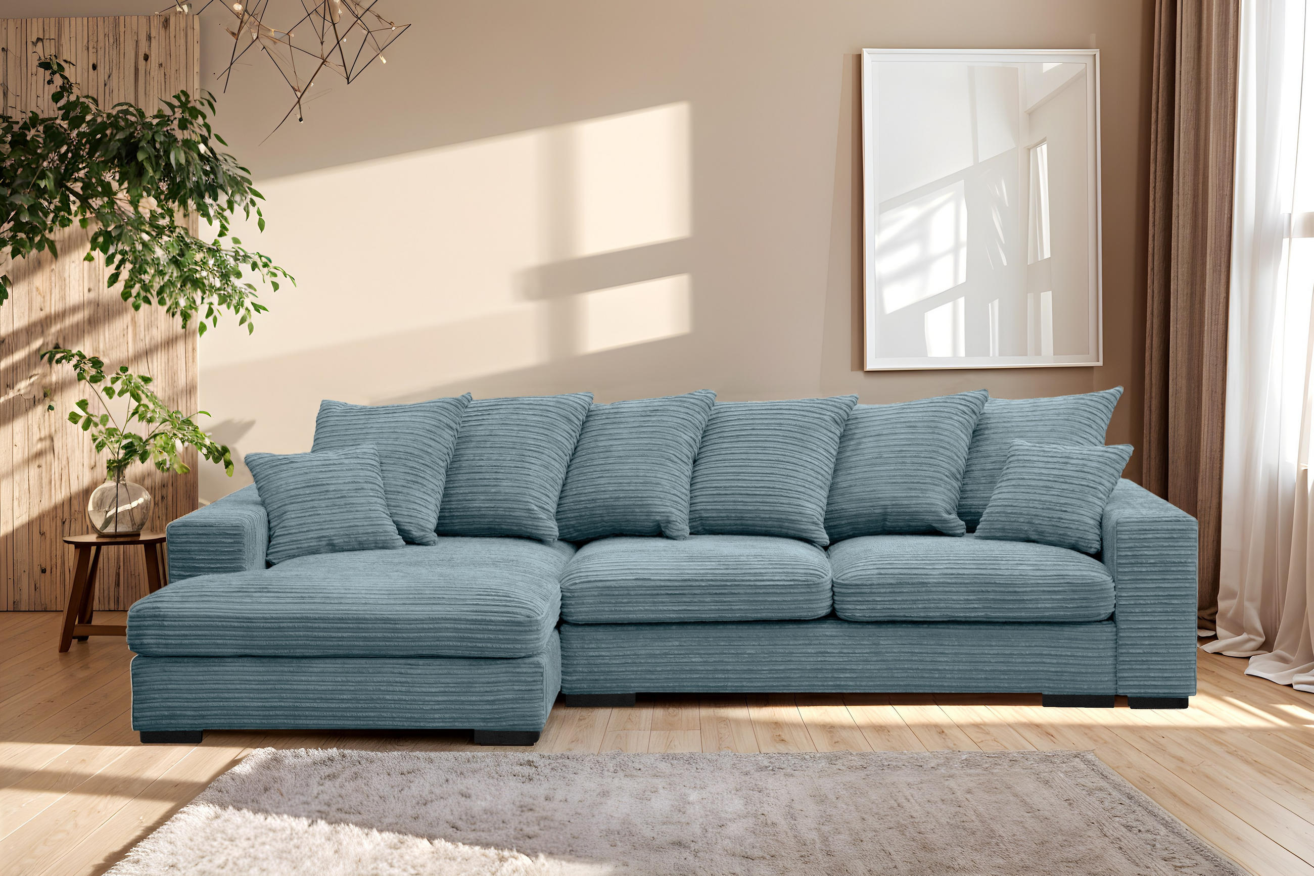 ECKSOFA Mit Schlaffunktion Und Bettkasten Couch L-form Gabon Stoff Zoom Hellblau Links - Hellblau, Holz (155/285cm) - Kaiser Möbel