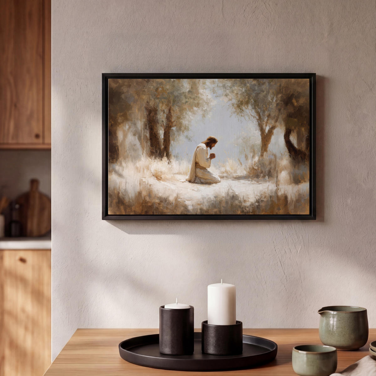 LEINWAND Bilder mit Rahmen - Jesus - Kniend - Waldlandschaft - Betend - 30x20 - Beige, Textil (30/20cm) - MuchoWow