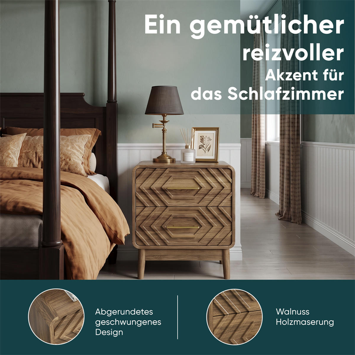 NACHTTISCH mit 2 Schubladen in Walnuss-Optik - Geometrischem 3D-Muster & Goldenen Griffen - Abgerundeten Ecken - Walnussfarben, Holzwerkstoff (38/56/48cm) - DELFA