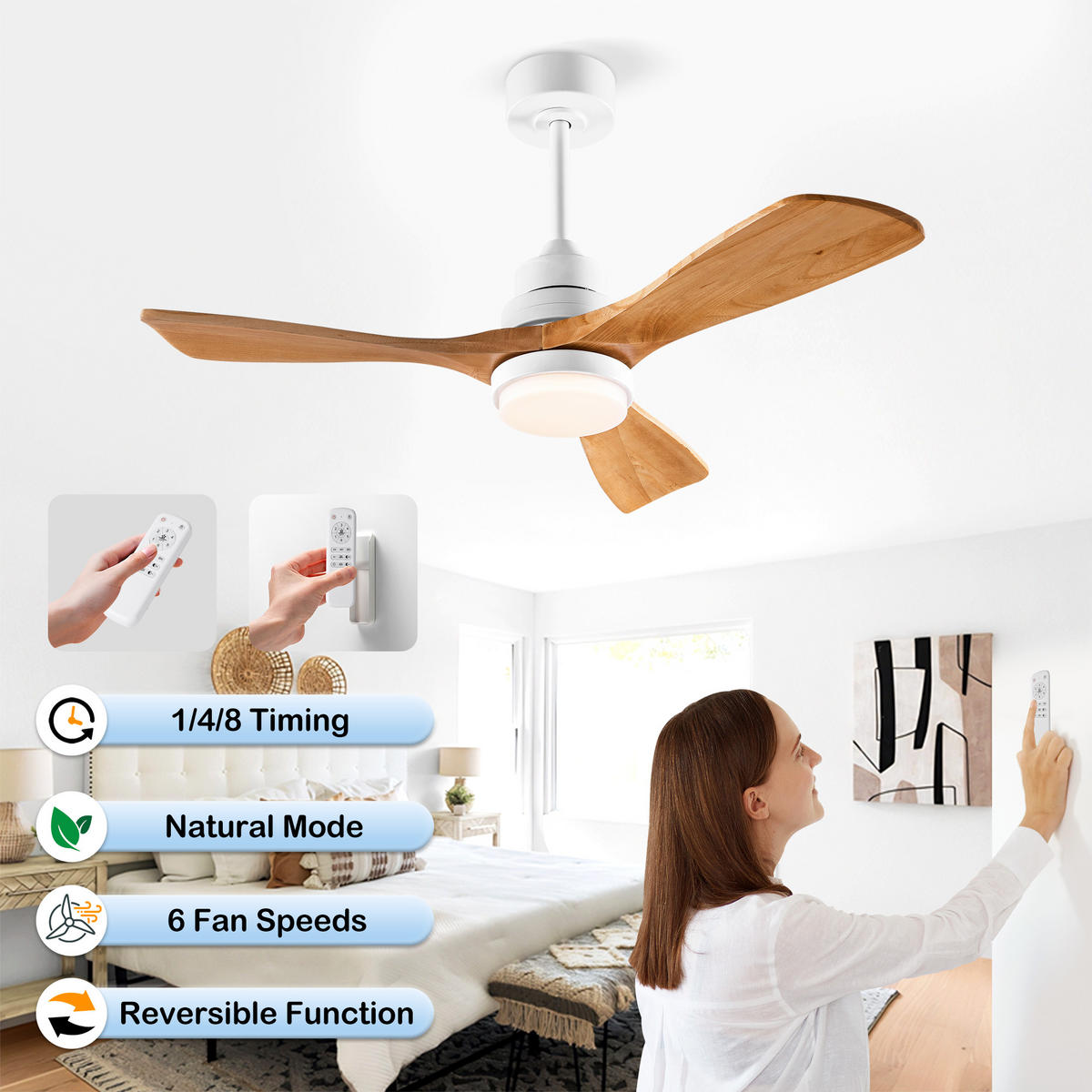 DECKENVENTILATOR DE-16241 42 Zoll mit Fernbedienung & reversibel Weiß & Holz - Naturfarben, Holz/Metall (107/107/37cm) - ComfortXL