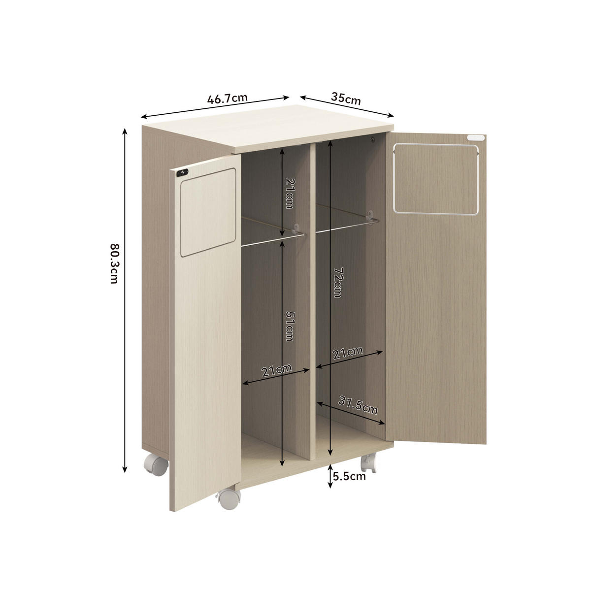 MÜLLSCHRANK DE-38851 46,7/35/80 cm 2 Fächer und Rollen Creme - Creme, Holzwerkstoff (46.7/80/35cm) - ComfortXL