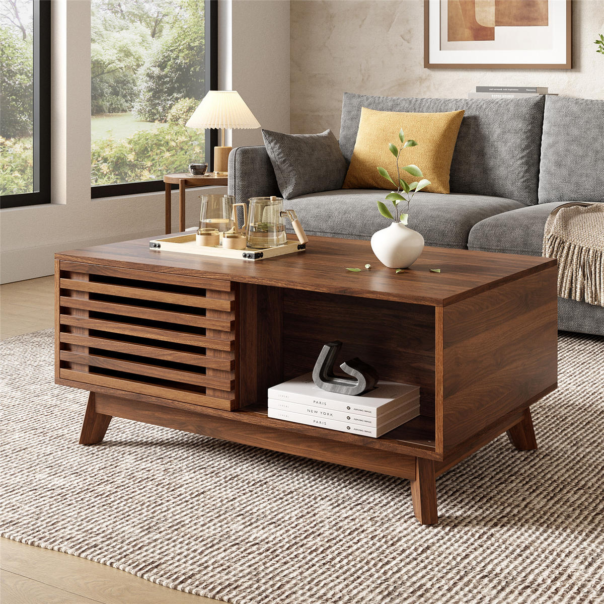 COUCHTISCH höhenverstellbar Jalousietür Walnuss MDF - Braun, Holz (90/55/57.5cm) - Kaket