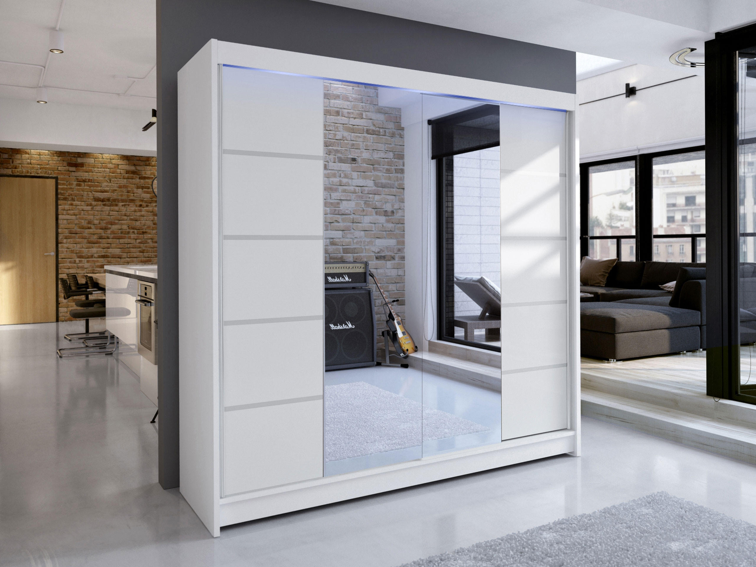 SCHWEBETÜRENSCHRANK Talin V, mit RGB LED Beleuchtung - Silberfarben/Weiß, Holzwerkstoff/Metall (180/215/58cm) - MIRJAN24