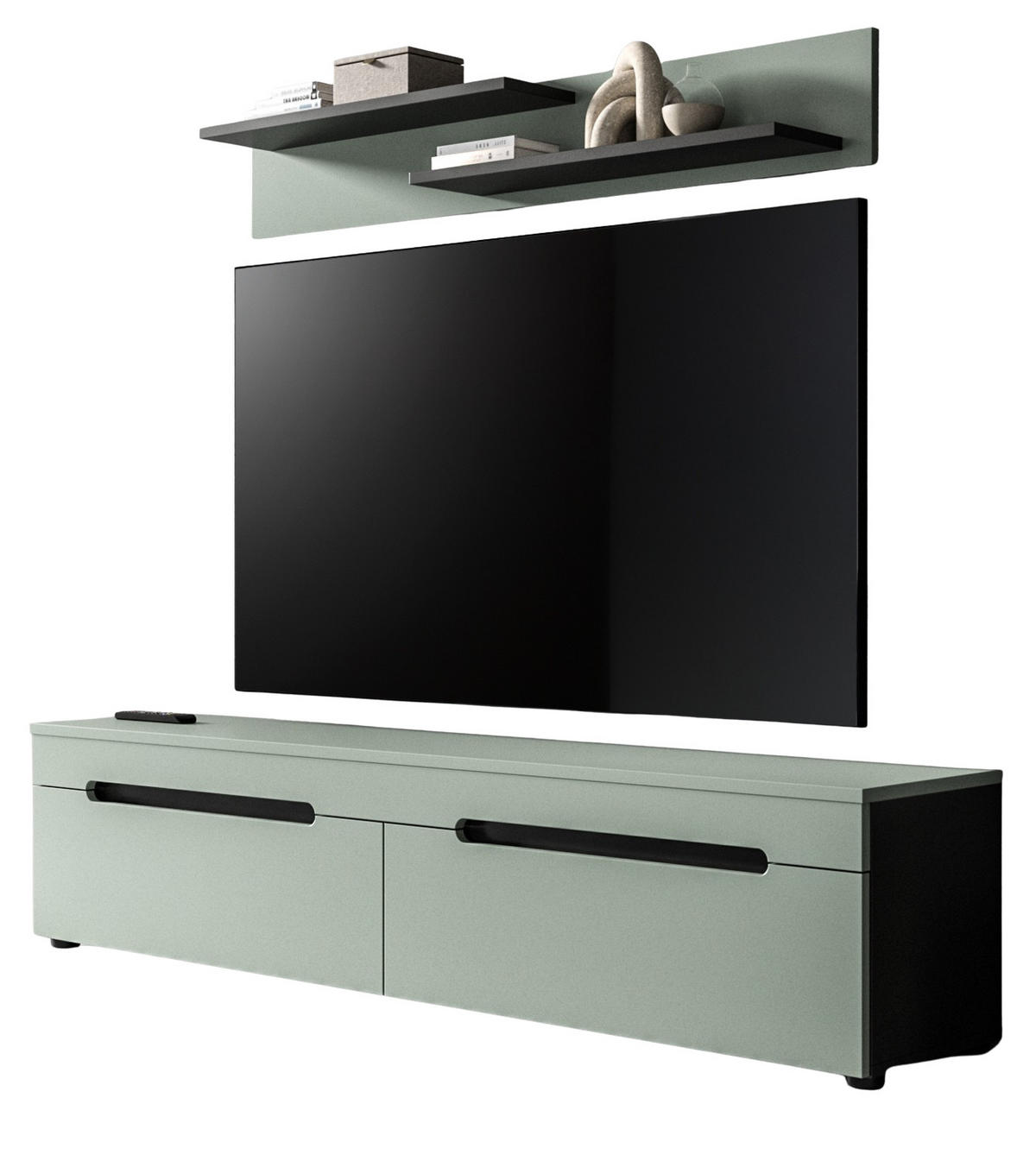 WOHNKOMBINATION Salbei grün, grau, 2er Set Lowboard 170 cm und Wandboard - Salbeigrün/Schwarz, Holzwerkstoff/Kunststoff (170/180/33cm) - Inn.Furn