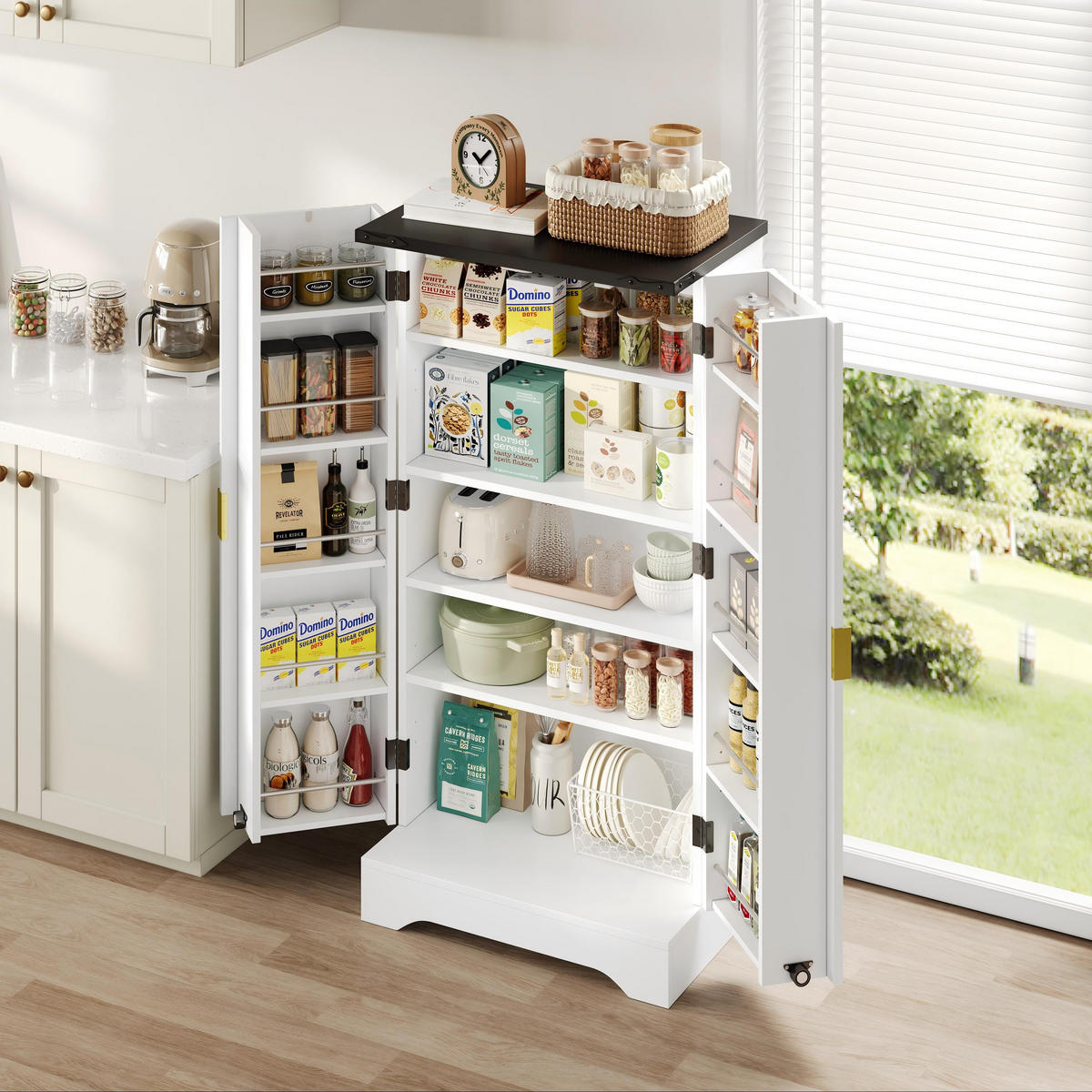 BUFFET Moderner Hochschrank MDF gerillte Türen LED Sensorlicht verstellbare Böden platzsparend Gold 120/60/40 cm - Weiß, Holzwerkstoff (60.5/120/40cm) - EVRYAE