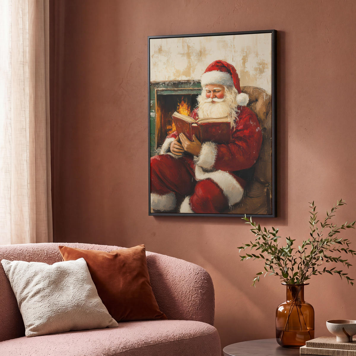 LEINWAND Bilder mit Rahmen - Weihnachten - Weihnachtsmann - Winter - Open Fireside - 70x100 - Dunkelrot, Textil (70/100cm) - MuchoWow